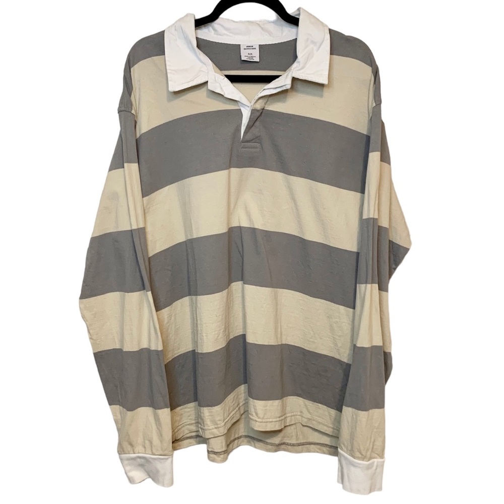 Urban Outfitters Cotton Rugby Striped Men’s Shirt Long Sleeves Tan Gray Size XL